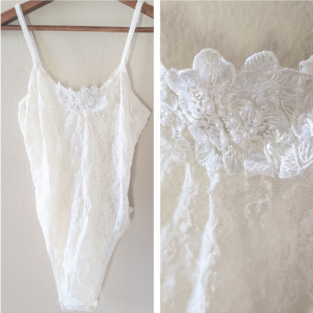 Vintage Lace Bodysuit Cream Sheer w Floral Beaded Sequin Applique Nylon Lingerie